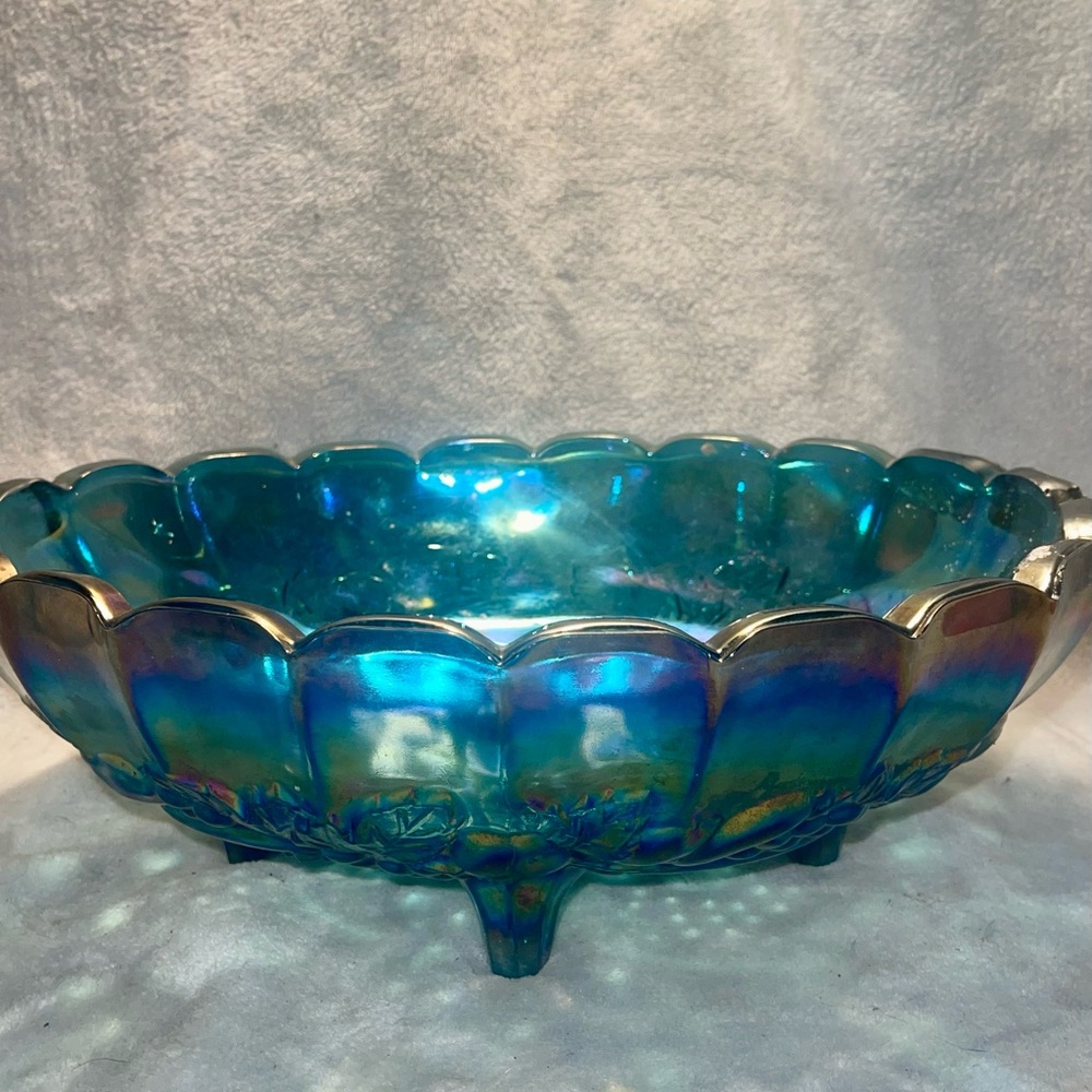 Vtg Depression blue iridescent carnival glass Harvest bowl.